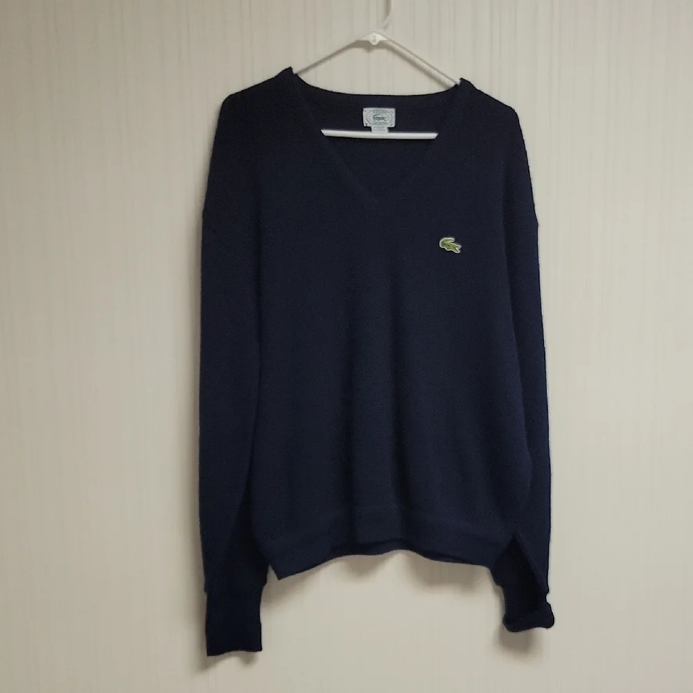 Lacoste Men's Dark Blue V-Neck Sweater XL Grandpa Vintage preppy